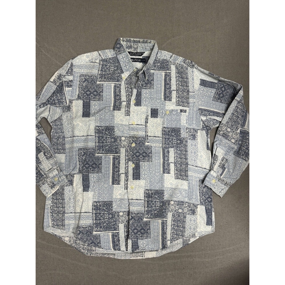 Nautica Mens Button-up Casual Shirt Size L/G Blue/white 100% Cotton Patchwork